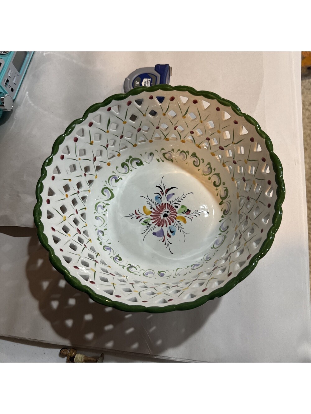 Hand Painted Portugal Pierced Ceramic Berry Bowl Green Floral Reticulated 9.5"